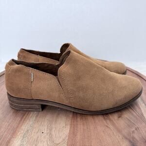 TOMS Shoes Womens Size 7.5 Tan Suede Slip On Low Heel Loafers Casual Comfort